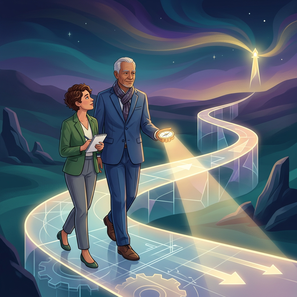 An older man holding a compass illuminates a glowing path while a younger woman takes notes, walking together toward a bright lighthouse.