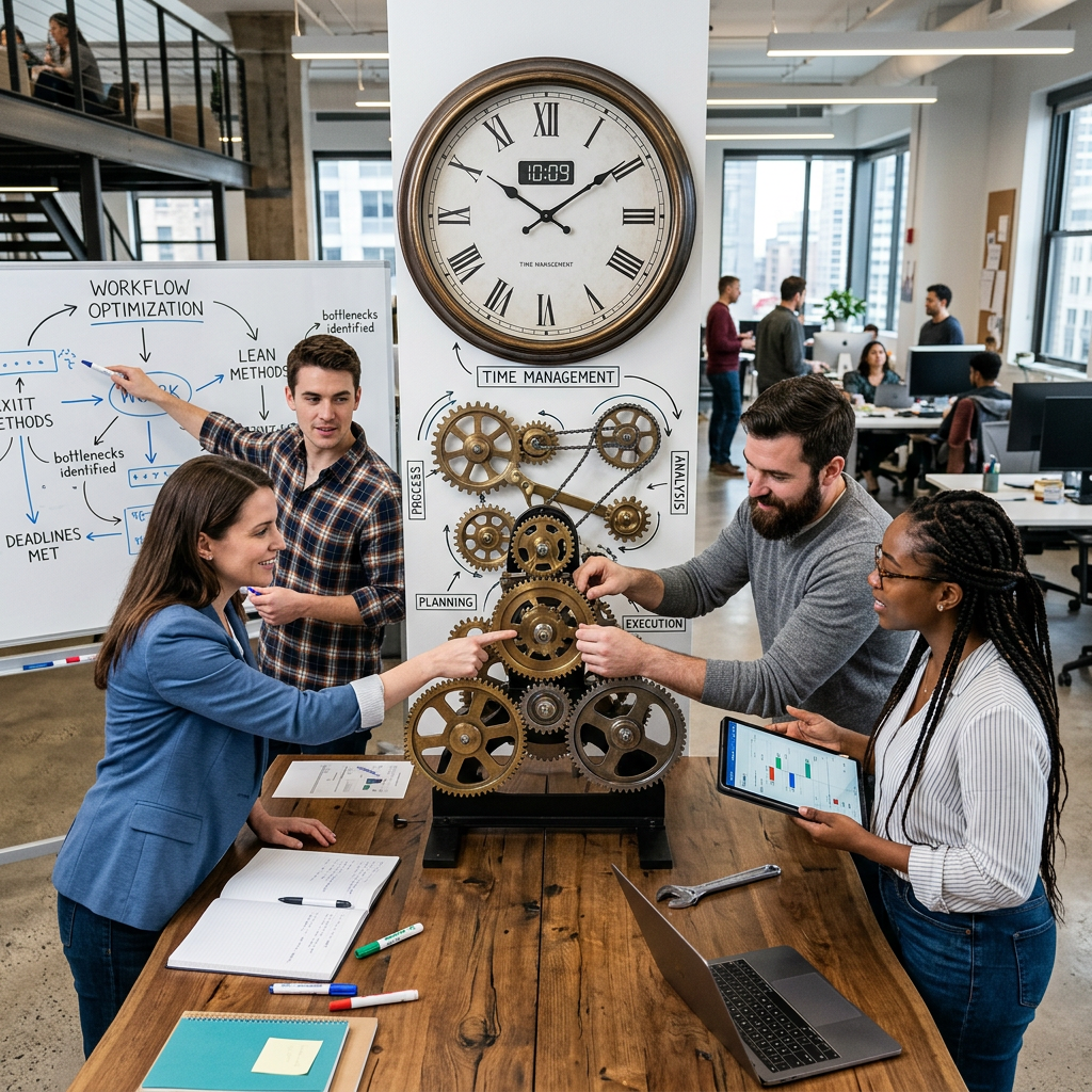 Four coworkers discussing workflow optimization and time management with gears and a whiteboard