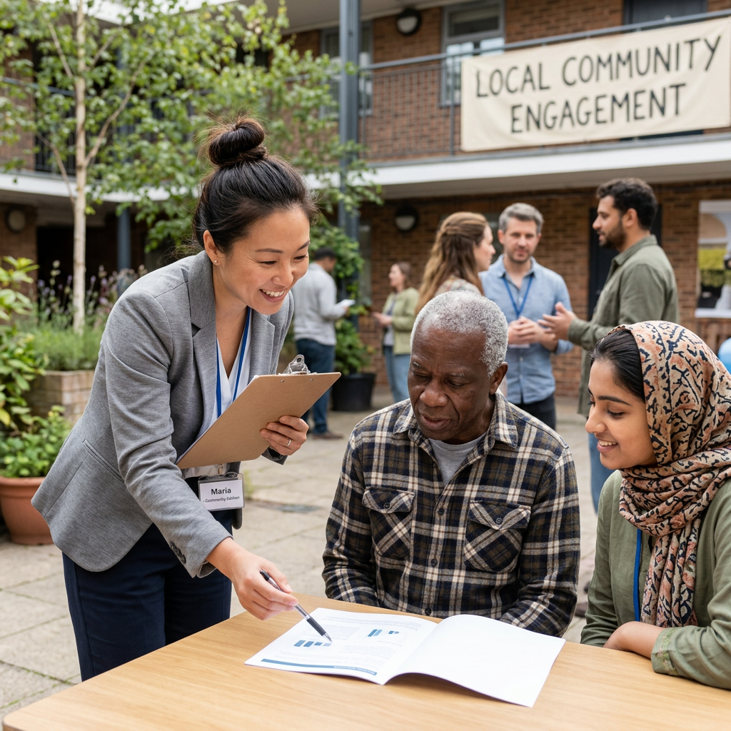 Community volunteer explaining documents to diverse local residents at table outside