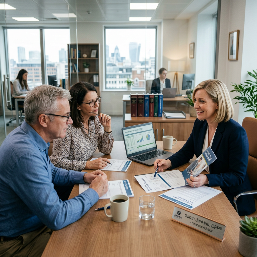 Financial advisor explaining investment documents to a couple