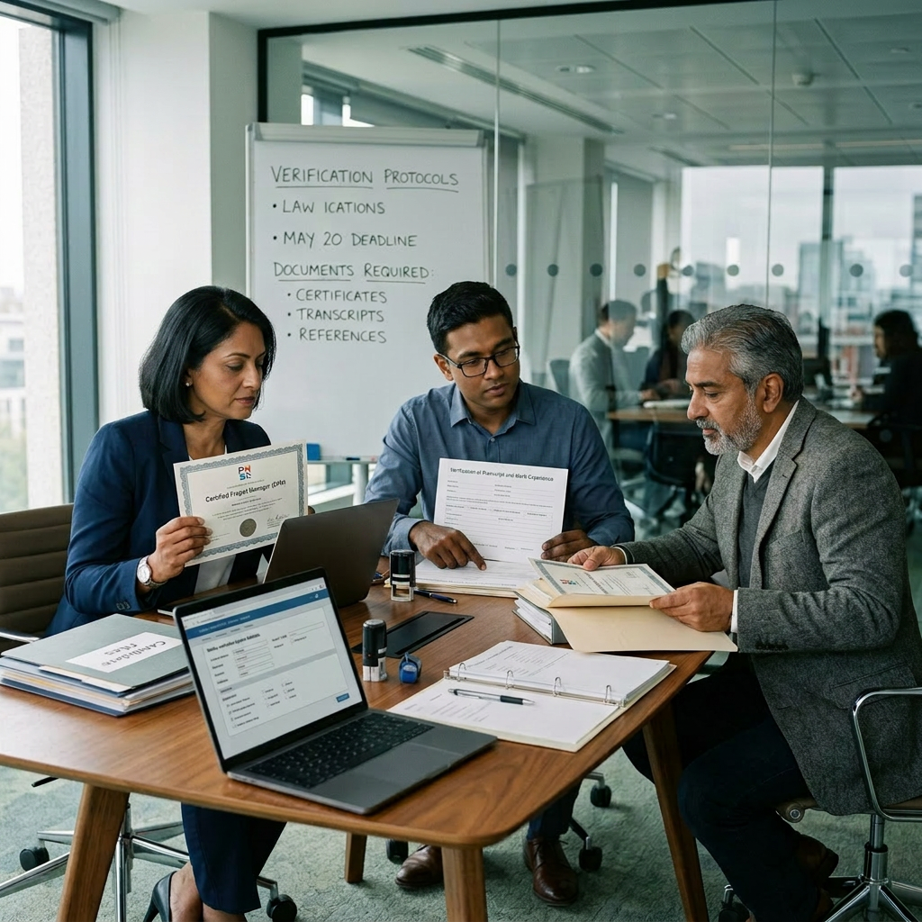 Three people sitting at a table reviewing certification and verification documents.