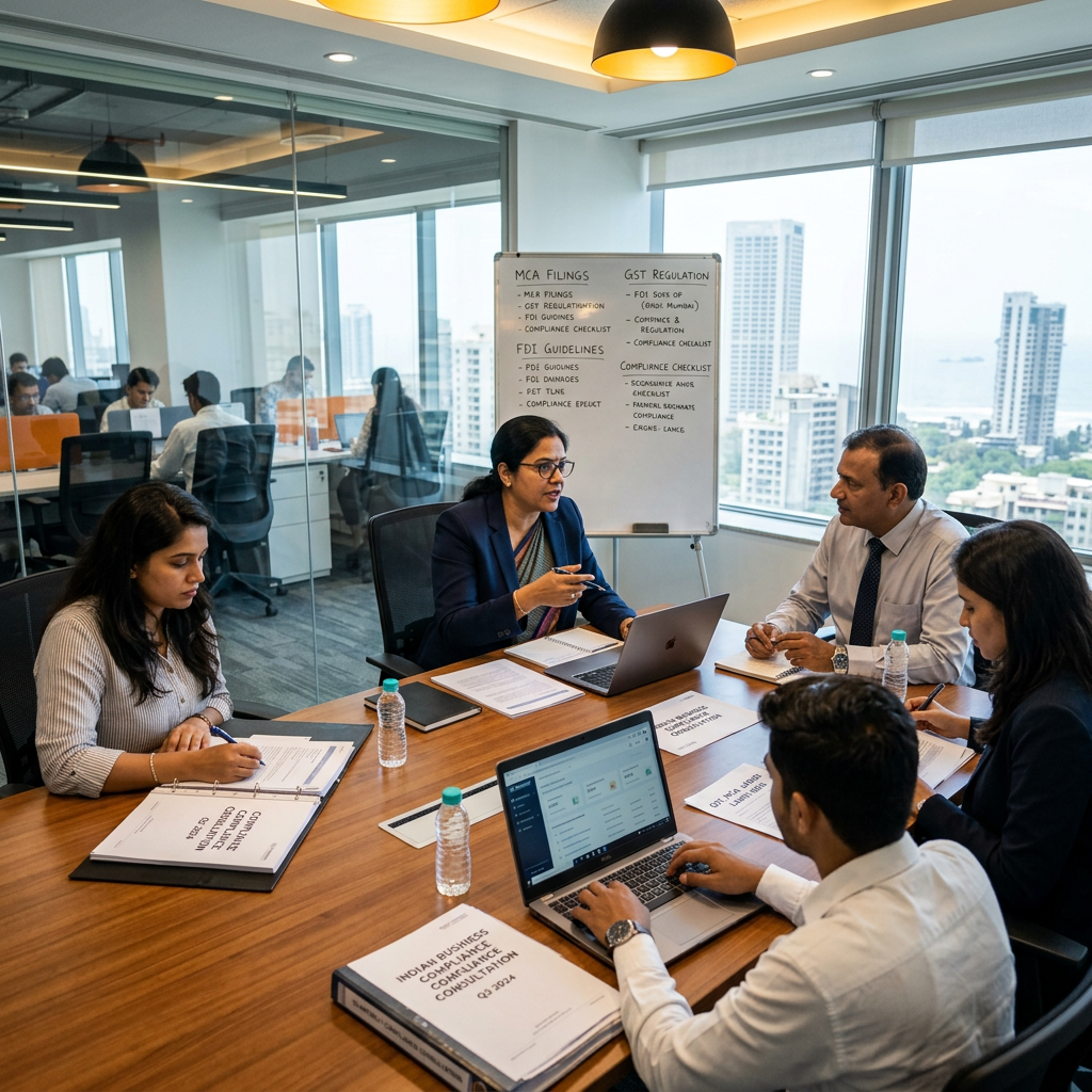 Five professionals engaged in a compliance meeting around a conference table with documents and laptops