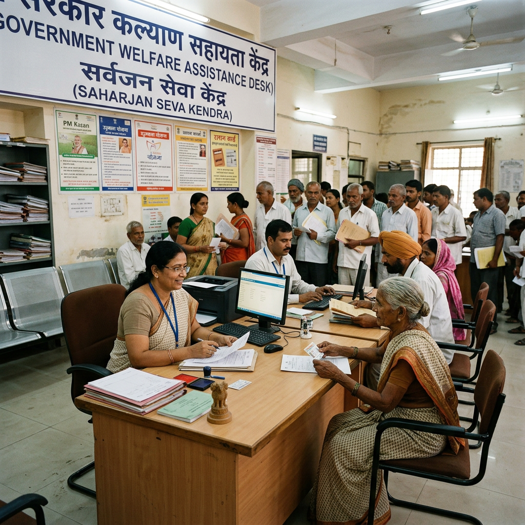 Government Welfare Assistance Desk with people receiving aid